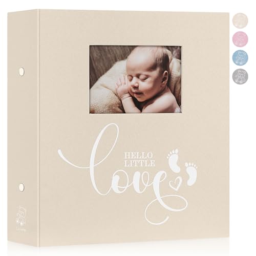 Lanpn Baby Fotoalbum 10x15 600 Fotos, HELLO LITTLE LOVE Leinen Fotobuch Babyalbum Erinnerungsbuch Einsteckalbum Fotoalbum Kinder Babybuch für Neugeborenes Mein Erstes Bebe Junge Mädchen (Beige)