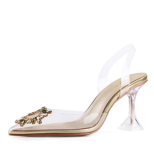 anteikira Women's Fashion High Heels Slip On Slingback Sexy Shoes Strange Heel Sun Knot Pointed Closed Toe Transparent PVC Dress Wedding Sandals