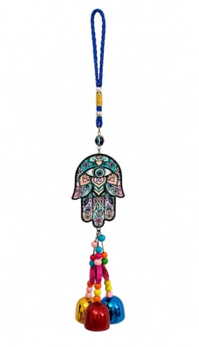 Image of Evil Eye Hamsa Wall Hanging Charm - Multicolor Traditional Protection Amulet with Colorful Beads and Bells for Home Decor, Office, Car, and Gifting (35 cm)