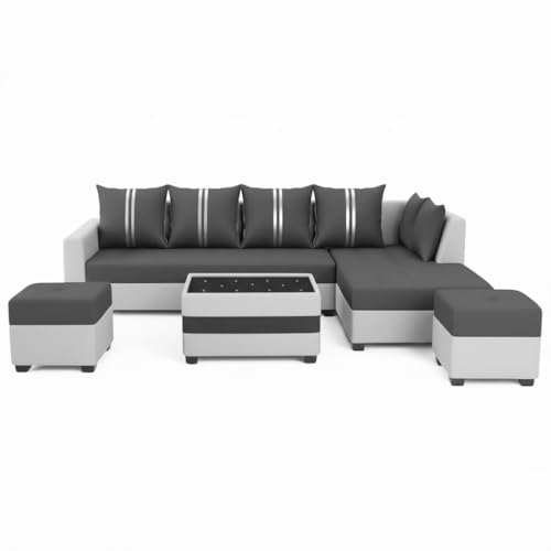 Image of FURNY Stylio 8 Seater Fabric RHS L Shape Sofa Set with 1 Centre Table & 2 Ottoman (Dark Grey-Light Grey) | Premium Velvet Finish | Durable & Comfortable Ideal for Living Room
