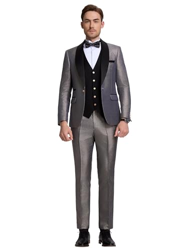 Mens Tuxedo Suits Slim Fit 3 Piece Glitter Suit for Men Shawl Lapel Formal Jacket Vest Pants for Wedding Prom Dinner