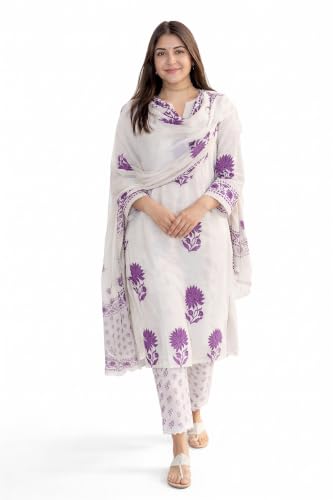 Image of Nermosa Women's Hand Block Floral Printed Straight Kurta Set with Palazzo Pants & Dupatta Ethnic Kurta Set for Casual Outings Day Events Summer Wear Festive