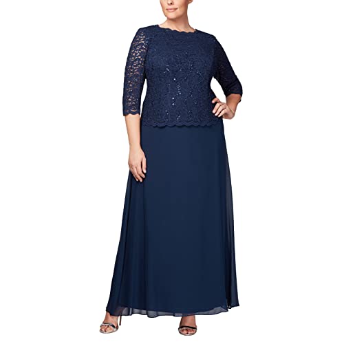 Image of Alex Evenings Women's 3 /4 Sleeve Stretch Lace Bodice Mock One Piece Gown