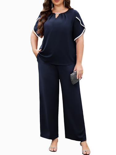 AOVDE Plus Size Pant Suits Women Half Sleeve 2 Piece Dressy Pant Suit