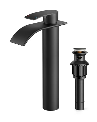 FORIOUS Waterfall Bathroom Vessel Sink Faucets with Pop up Drain and Lead-Free cUPC Hose, Mate Black Single Handle Tall Bathroom Faucet 1 Hole, 11inch for Bath,Vessel