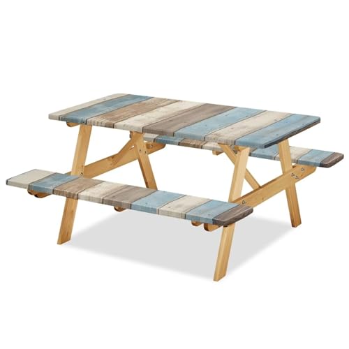 Binienty Novelty Wood Board Print Picnic Table Cover with Bench Covers 3 Piece Set Elastic Fitted Rectangle Tablecloths Camp Tables Seat fot 8ft Outdoor