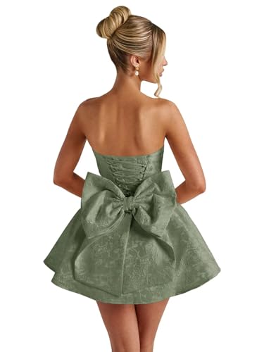 Image of Basgute Floral Jacquard Satin Short Homecoming Dresses for Teens A Line Strapless Formal Prom Evening Gown with Bow