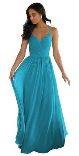 Image of LANGKAAO Women's V Neck Bridesmaid Dresses Long for Wedding A-Line Chiffon Open Back Formal Gown with Pockets