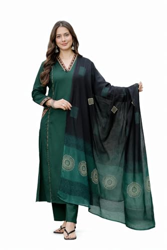 Image of MEERA FAB Women Floral Printed Pure Cotton Straight V-Neck Kurta with Palazzos & Dupatta