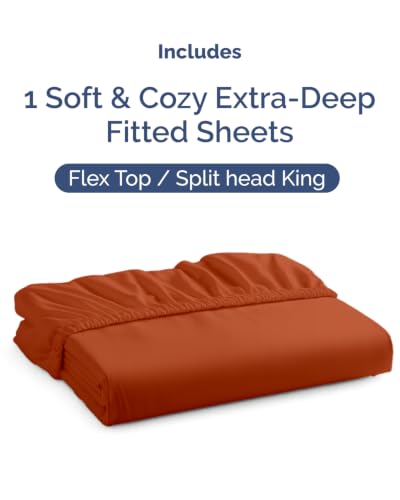 Image of Extra Deep Flex Top Split Head King Fitted Sheet - Hotel Luxury Single Fitted Sheet Only - Easily Fits 18 inch to 24 inch Mattress - Ultra Soft, Wrinkle Free w /Extra Deep Pockets - Terracotta