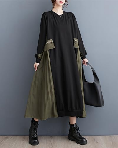 ellazhu Women's Baggy Patchwork Color Cargo Style Crew Neck Dress with Pleated Hem GZ30 A4
