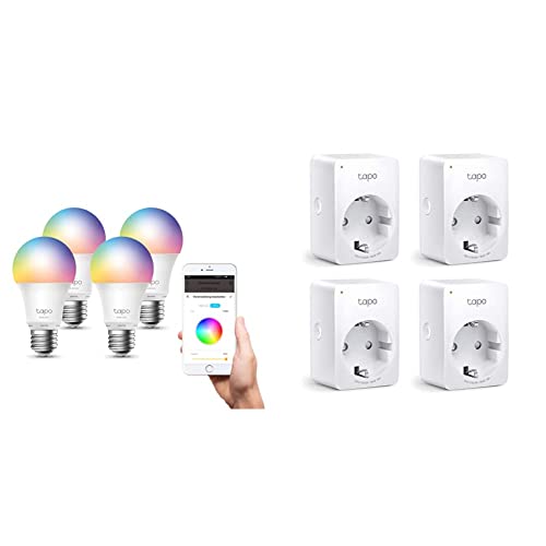 TP-Link Tapo L530E smarte WLAN Glühbirne E27, Mehrfarbrige dimmbare alexa smarte lampe & TP-Link Tapo Smart WLAN Steckdose,Alexa Steckdose 4er Pack, Smart Home WiFi Steckdose, Alexa Zubehör