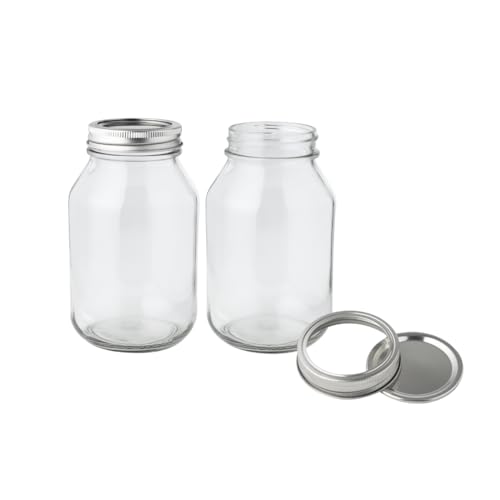 FastRack 32 oz Wide Mouth Mason Jars with Lids – Pack of 2 Quart Canning Jars for Food Storage, Pickling, Fermentation, Crafts – Reusable Airtight Large Glass Mason Jar