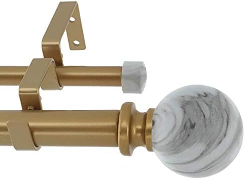 Meriville 1-Inch Diameter Double Window Treatment Curtain Rod, White Marble Ball Finial, 28-inch to 48-inch Adjustable, Royal Gold