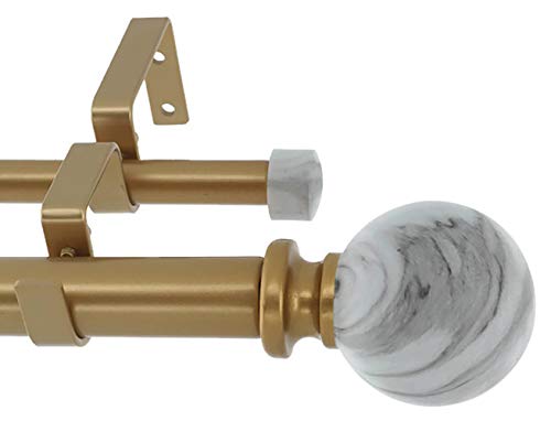 Meriville 1-Inch Diameter Double Window Treatment Curtain Rod, White Marble Ball Finial, 28-Inch To 48-Inch Adjustable, Royal Gold #TOP3