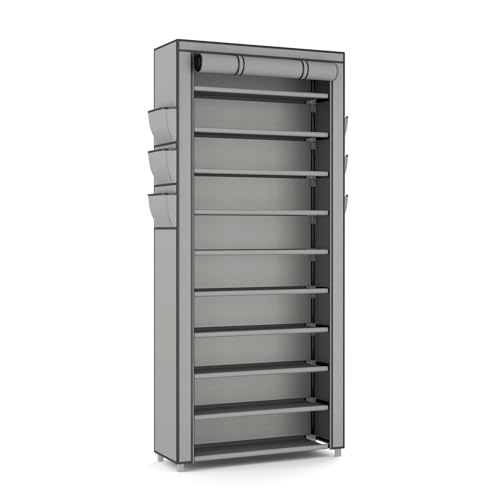 VTRIN Vertical Narrow Shoe Rack Organizer Tall Shoe Rack for Closet Entryway 10 Tier Non-Woven Cover Shoe Shelf Holds 36-41 Pairs Free Standing Shoe Storage Cabinet with Dustproof Cover, Grey by VTRIN - Used condition - Image 8