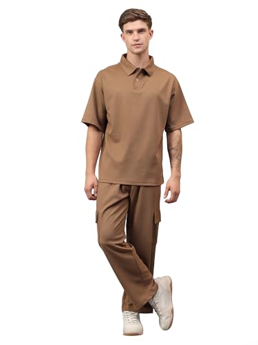 Image of YHA Solid Oversize Polo Neck Stylish Summer Tracksuit Half Sleeves Cord Set With Full Pant For Gents Lightweight Breathable Polycotton Fabric Co-ord Set For Men