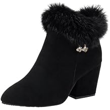 KCTRFSJ Womens Suede Chunky Heeled Fluffy Fur Warm Ankle Boots,Fashion Pointed Toe Side Zipper High Heel Warm Booties,Outdoor Casual Non-slip Dressy Winter Boots
