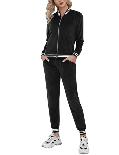 Totatuit Womens 2 Piece Velour Tracksuit Long Sleeve Sweatsuits Zip Up Velvet Jogging Suit Sets with Pockets Black Small