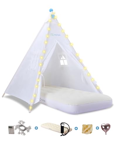 Heypappy Teepee Tent for Kids with Inflatable Airbed, String Lights, Balloons, Pump, Washable Slumber Party Tent Indoor Outdoor for Girls Boys, Children Tipi Playhouse for Playtime and Sleepover