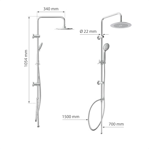 EISL DX12009 Duschset zum Kleben, Duschgarnitur mit Regendusche, Duschstange ohne Bohren, Duschsystem ohne Armatur, Duscharmatur mit Regenwalddusche und Handbrause mit 3 Strahlarten, Chrom