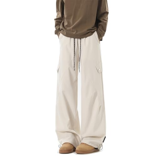 Seidarise Men's Black Cargo Wide - Leg Pants, Adjustable Drawstring Waist, Trendy Loose Fit Trousers