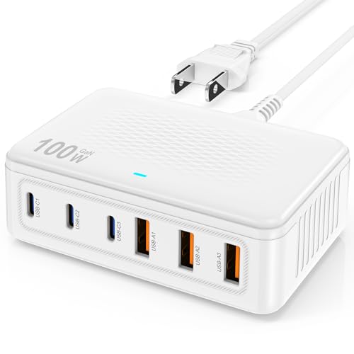 USB C Fast Charger Block, 100W GaN 6 Port Type C Charging Station Hub,Wall Charger Power Strip Adapter Plug Cube Brick for Apple iPhone 16 15 14 13 12 11 Pro Max/iPad/Pixel/Samsung Galaxy S25 S24 S23