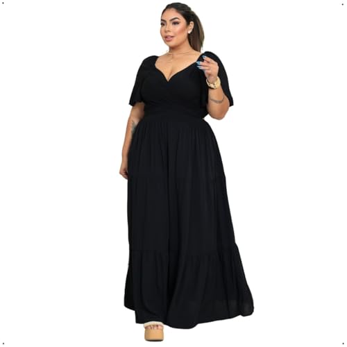 Vestido Longo Plus Size Elegante, Decote Cruzado Ajustável, Manga Morcego Casamento Verão Festa Balada Ano Novo Natal (BR, Alfa, 5G, Plus Size, Regular, Preto)