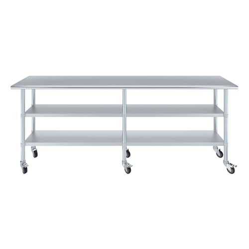 Image of AmGood Stainless Steel Work Table with 2 Shelves and Casters | Metal Utility Table On Wheels (Stainless Steel, 96 inch Long x 18 inch Deep)