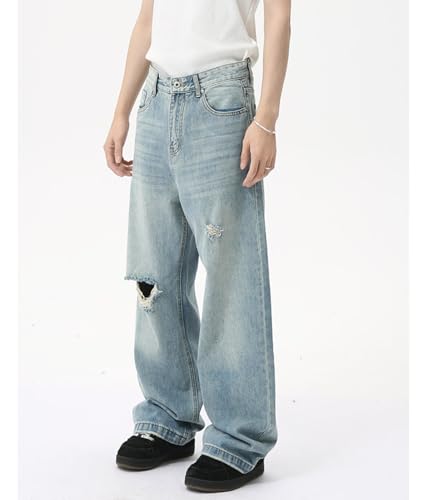 Men's Denim Pants Mid-Waist Straight Leg Ripped Loose Fit Wide Leg Vintage Casual Jeans with Pockets2