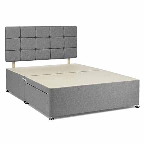Grey Divan Bed Base with 20 Inches high Cube Headboard and 2 Storage Drawers | Double Divan Bed Set with Matching Headboard Chenille Fabric | 4FT6 Double Divan Bed with 2 Storage Drawers