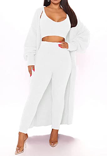 Image of Fixmatti Women's Fuzzy 3 Piece Sweatsuit Open Front Cardigan Crop Tank Tops Wide Legs Pants Lounge Sets