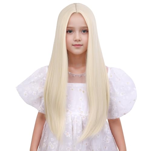 DUDUWIG Kids Blonde Wig Girls Long Blonde Wigs Children Middle Part Light Straight Synthetic Hair Wigs for Dress Up Cosplay Halloween