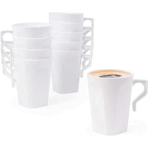 MATANA 50 Pack 9 Oz Plastic Coffee Cups with Handles (White) Disposable Tea Cups with Handles, Plastic Tea Cups for Tea Party & Wedding Cafe, Reusable Disposable Mugs for Hot Drinks & Cold Drinks Cover