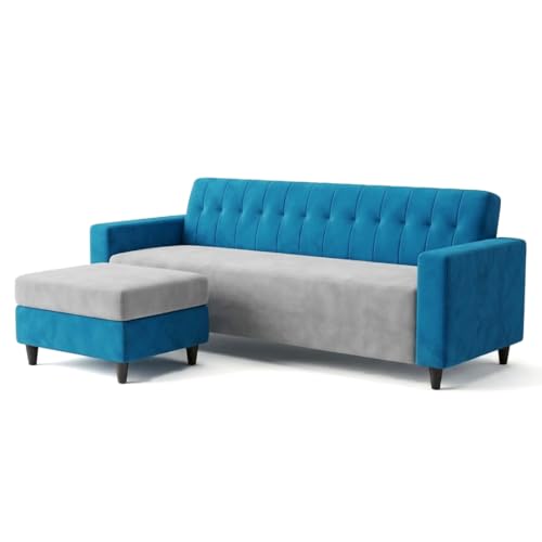Image of FURNY Luxe 4 Seater L Shape Sofa Set with Movable Ottoman | Flexible Left or Right Layout | Plush Velvet Fabric (Aqua Blue-Light Grey) | Perfect for Living Room, Guest Room & Office