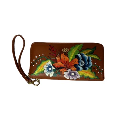 Hand-Painted Floral Leather Wallet with Wristlet, Brown, Zipper Closure