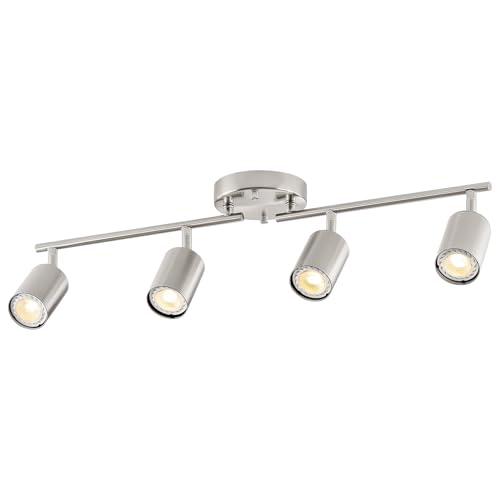 VONLUCE 4 Light Track Light Fixture, LED Track Lighting Kit with Rotatable Track Heads, 3-Color GU10 Bulbs Included, Modern Ceiling Spotlight for Kitchen Office Closet Studio Bedroom, Nickel