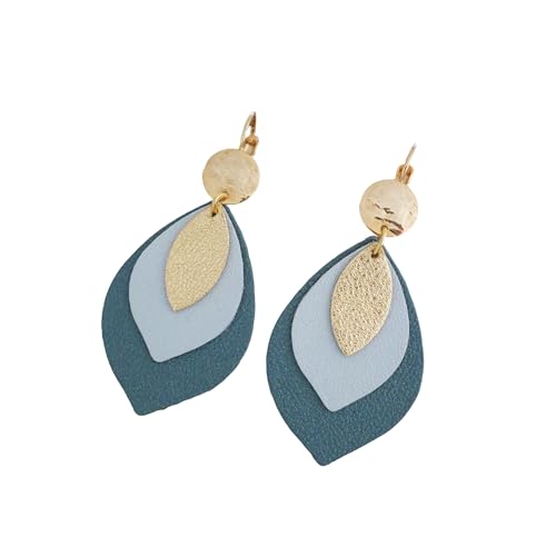 Boucles feuilles en cuir de haute qualité fait main vert et or