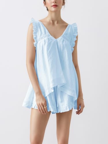 Image of Women's Summer Ruffle Short Sets Cotton Sleeveless Pajama Set