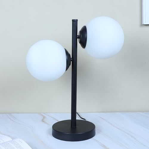 Image of tu casa Black Metal Table Lamp | Dual White Glass Shades | Durable Metal Construction | Modern Home Decor | Without Bulb | Ambient Lighting for Bedroom, Living Room, Lounge, Office & Festival Gifting