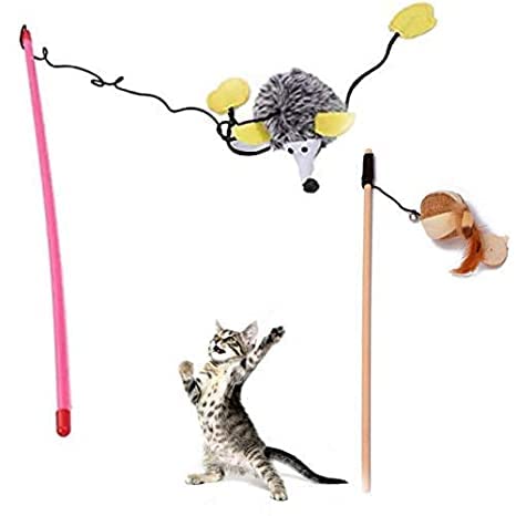Dog Trust Cat Teaser 2 Playing Stick - |Feather Sound Hedgehog Stick | Wooden Jute Mice Stick Cat Teasing Stick Kitten Toys (Combo of 2)