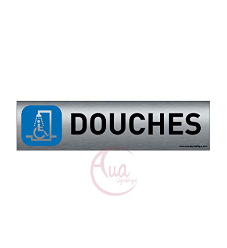 AUA SIGNALETIQUE - Plaque de porte Aluminium brossé imprimé AluSign - 200x50 mm - Double Face adhésif au dos - Impression UV directement sur l'aluminium (Pas de contre collage) (Douches handicapés)