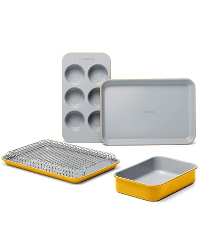 Caraway Mini Bakeware Set – Naturally Non-Stick, Non-Toxic Ceramic Coating – Compact Baking Pans Set For Small Kitchens & Ovens – Includes Baking Sheets, Muffin Pan, Cooling Rack & Storage - Marigold