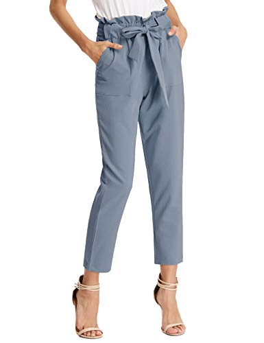 KANCY KOLE Women Waist Belted Tied Ankle Casual Pants Linen Paper Bag Pants (Blue-Grey,M)