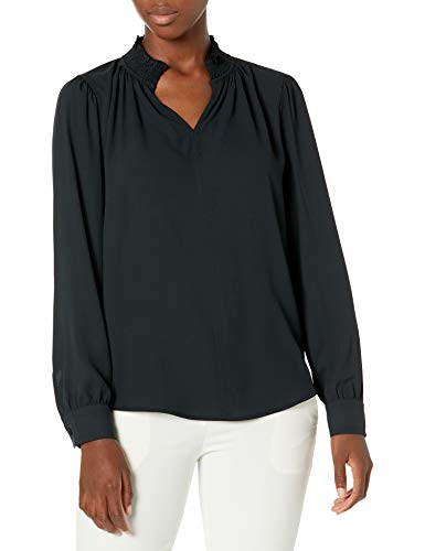 Amazon Brand - Lark & Ro Women's Crepe de Chine Long Sleeve Split Mock Neck Top with Smocked Detail, BLACK, Medium
