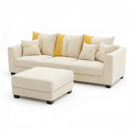 Image of Vero Plush Comfort Sofa Set | 3 Seater + 2 Seater with Ottoman | Luxury Velvet Suede Fabric | Modern Living Room Sofa | Cream