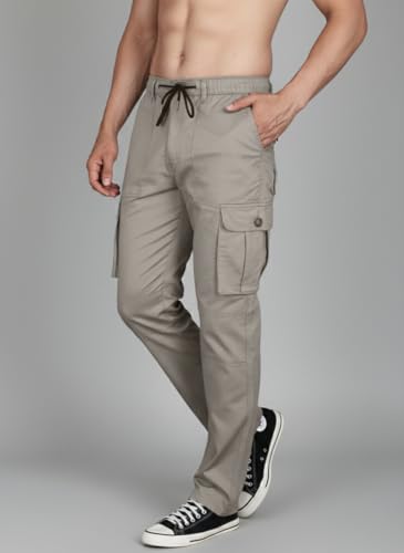 Image of Vogaan Men's Cotton Cargo Pants | Casual Trousers for Men | Comfortable Lower for Men | Breathable Pants with 6 Pockets & Drawstring Elastic Waistband