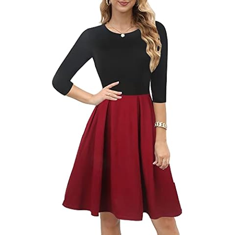oxiuly Women's Classic Scoop Neck Cotton Work Casual Dress Elegant Vintage Party Dresses with Pockets OX365, Black-red, Medium Cover