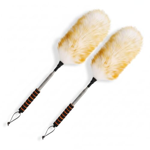 Image of Lambswool Extendable Cleaning Duster 26-64 Inch Two-Pack, Anti-Static Wall Duster Cleaner with Sponge Grip and Stainless Steel Extension Pole for High Ceiling Fan, Interior, and Roof Dusting