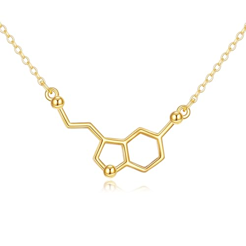 DOVRAN Serotonin Molecule Necklace 14K Solid Gold Caffeine Molecule Necklace Serotonin Necklace Gold Science Jewelry Gifts For Women, Ideal Necklaces for teacher, Professor, Science Lovers